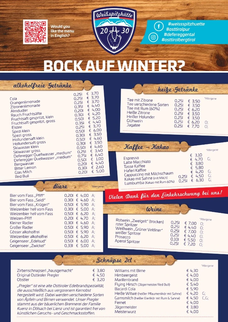 Getränkekarte Weißspitzhütte