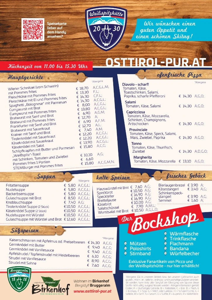 Speisekarte Weißspitzhütte