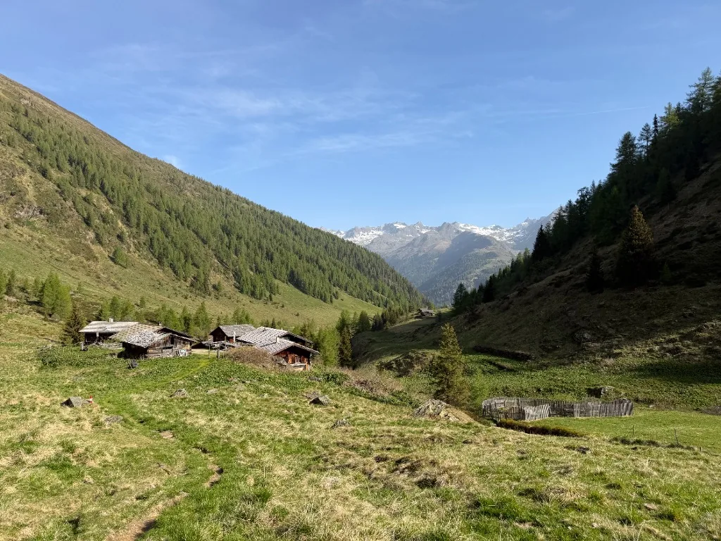 Malerisches Panorama der Almwiesen und Gipfel rund um die Bruggeralm